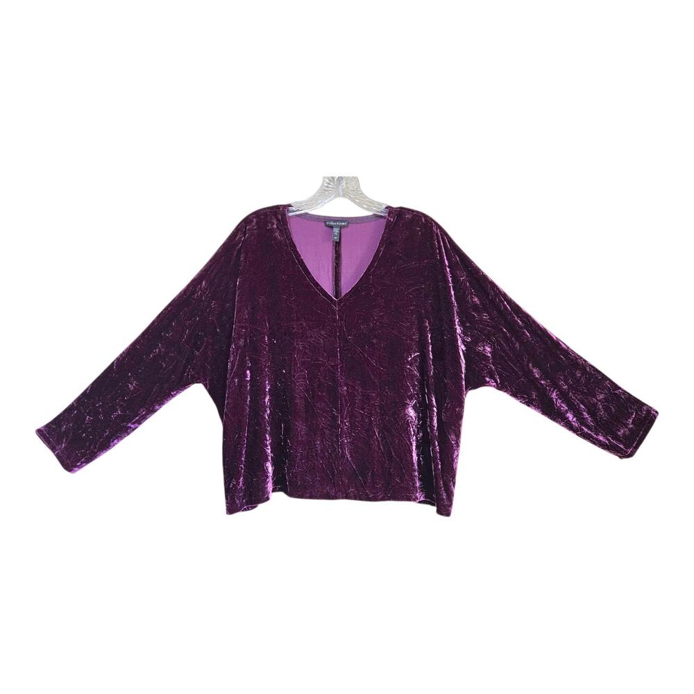 EILEEN FISHER Women's S Velvet Top Sweet Plum V-Neck Viscose Silk Oversized 46"